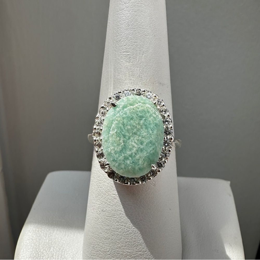 NWOT 15x11mm Oval cut Amazonite w/ halo of cz diamonds in sterling silver!